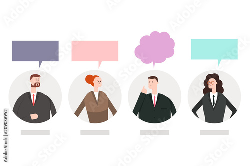 Women and men with a speech bubble. Vector cartoon flat illustration of business people conversation isolated on a white background.