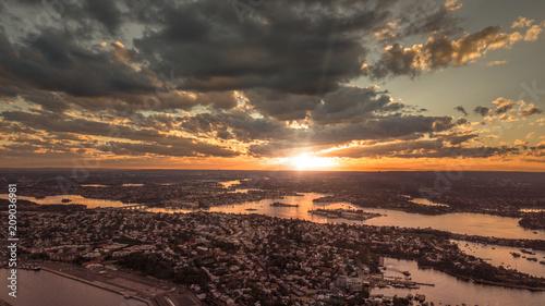 Sunset from high above the sky overlooking a city