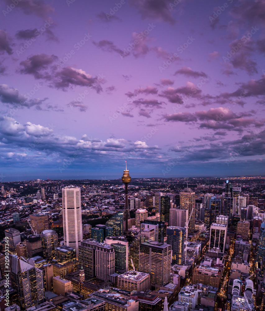 Fototapeta premium Tall buildings in the city and in the evening from above