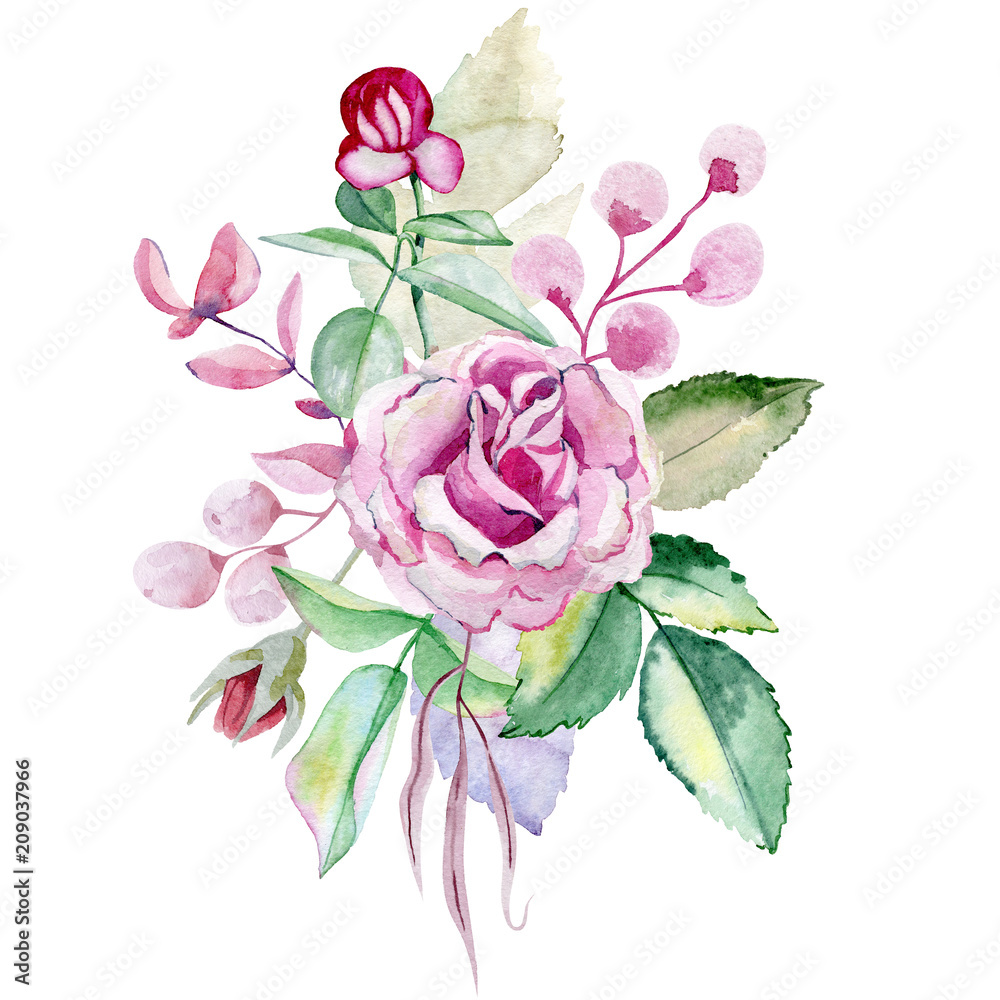 watercolor bouquet of roses on the white background