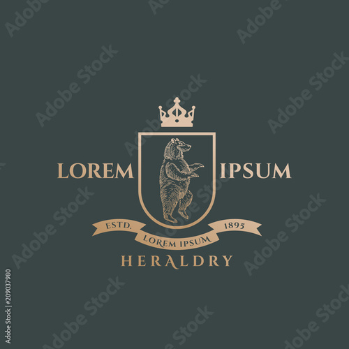 Heraldry Crest Abstract Vector Sign, Symbol or Logo Template. Golden Bear Sillhouette with Shield, Banner, Crown and Classy Retro Typography. Vintage Vector Emblem.
