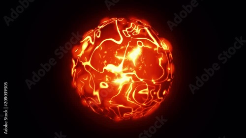 3d animation of abstract isolated red and orange fire magical orb. Burning sphere with plasma ring on black background. Magic and power concept object. Shiny colorful VFX design element loop in 4K.