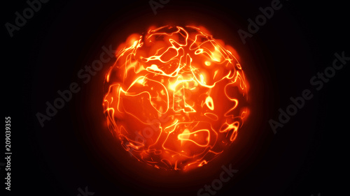 3d animation of abstract isolated fiery red and orange magical orb. Burning sphere with plasma ring on black background. Magic and power concept object. Shiny colorful VFX design element in 4K.