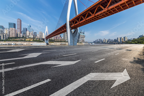 Photography Panoramic skyline and modern business office buildings with empty road,empty con