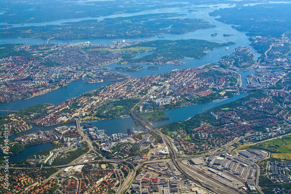 Aerial over Stockholm Sodermalm Old Town island and Djurgarden