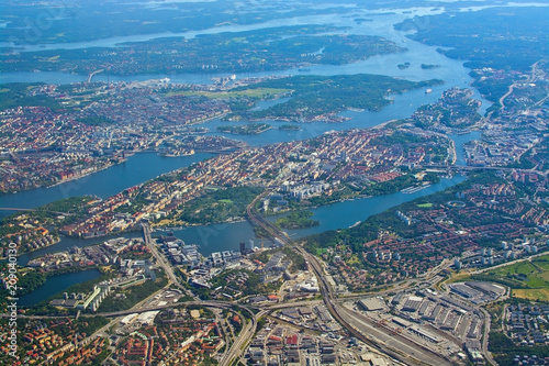 Aerial over Stockholm Sodermalm Old Town island and Djurgarden
