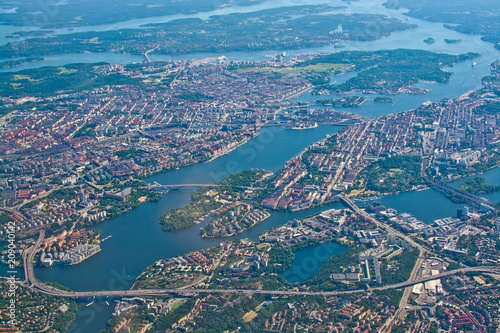 Aerial over Stockholm Sodermalm Old Town island Essingeleden Djurgarden photo