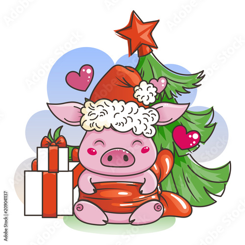 Fototapeta Naklejka Na Ścianę i Meble -  Cute cartoon pig in love. Symbol of New 2019 Year