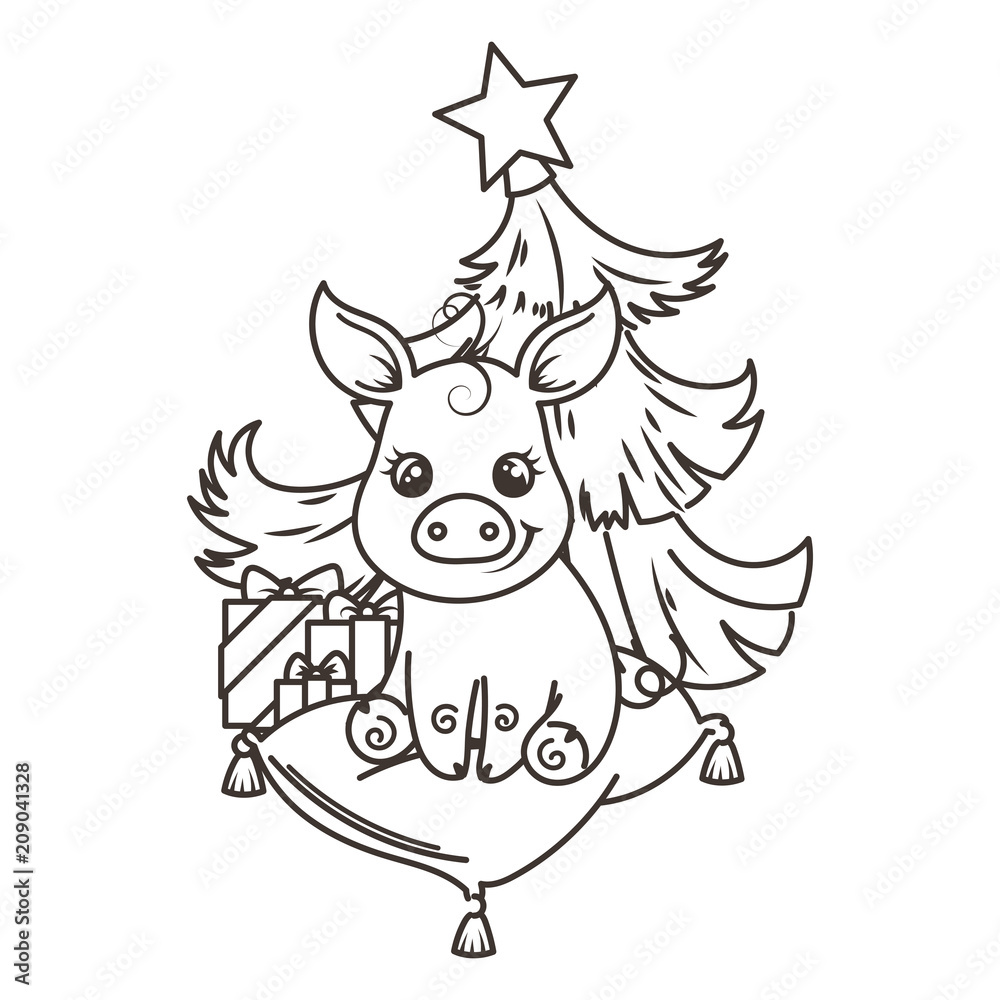 Happy New 2019 Year card with cartoon baby pig. Small symbol of holiday. Happy New 2019 Year card with cartoon baby pig. Small symbol of holiday.