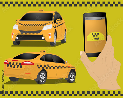 Taxi service. Yellow taxi cab. Hands with smartphone and taxi application. vector drawing illustration