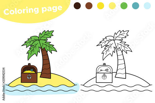 Coloring page for kids. Treasure island with treasure chest. Colorful vector illustration.