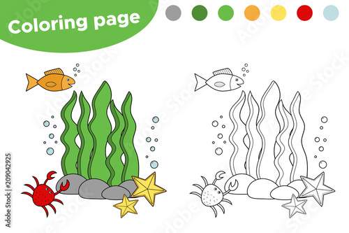 Educational game for children. Coloring page underwater. Vector illustration