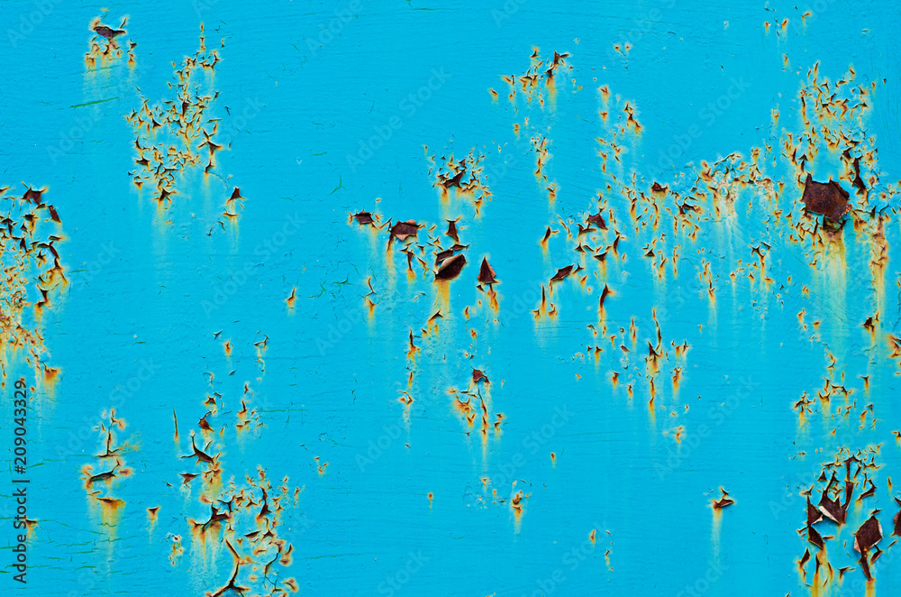 Rusted blue painted metal wall. Rusty metal background