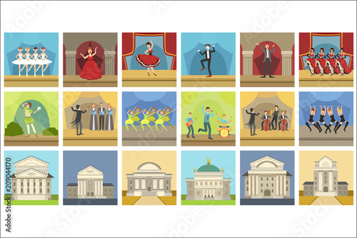 Theatre Buildings And Stage Perfomances Set