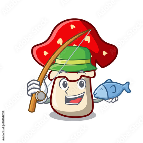 Fishing amanita mushroom mascot cartoon photo