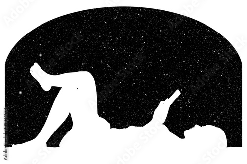 Lying girl near big window at night. Vector illustration with silhouette of woman with mobile phone under starry sky. Inverted black and white.