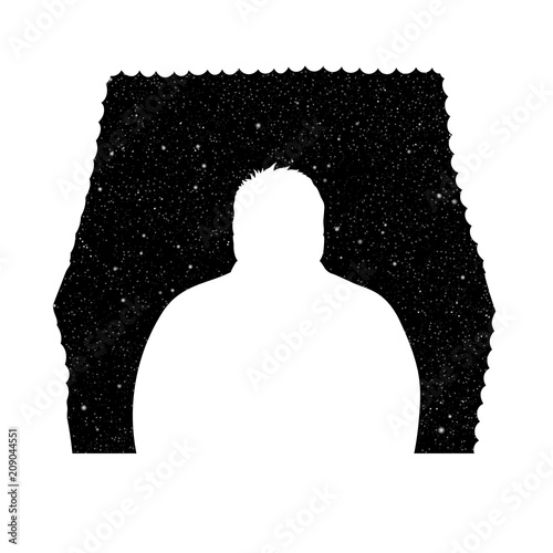 Man looks out window at night. Vector illustration with silhouettes of man and wavy curtains under starry sky. Inverted black and white.