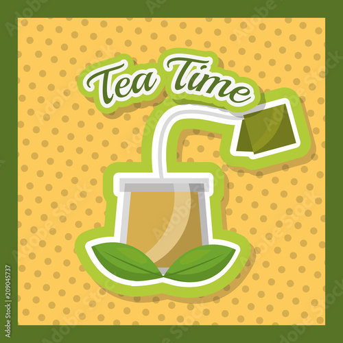 glass cup tea herbal teabag dotted background - tea time vector illustration