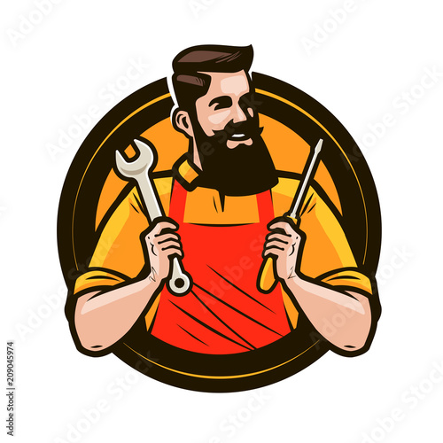 Repair, maintenance logo or label. Repairman holds in hands tools a wrench and screwdriver. Cartoon vector illustration