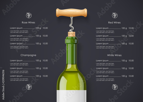 White Wine bottle, cork and corkscrew concept design for wines