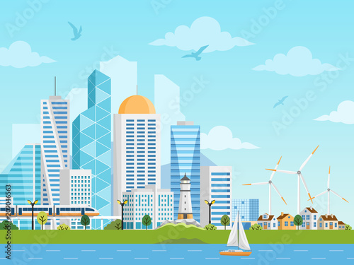 River side landscape with skyscrapers, private houses, subway, boat and windmills. City and suburb vector illustration