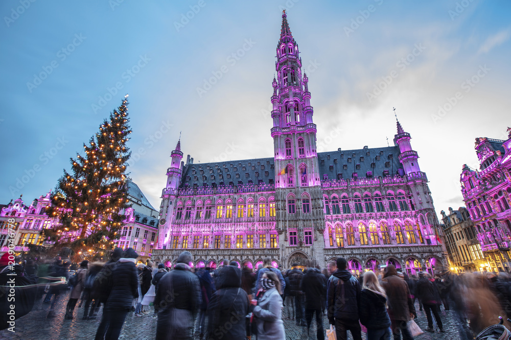 Grand Place with colorful lighting at Dusk in Brussels, Belgium