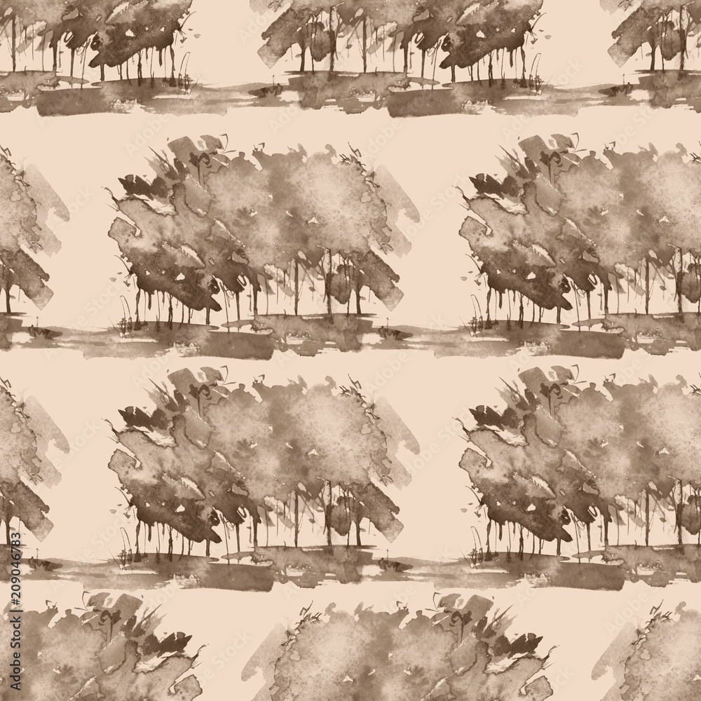 Watercolor brown, beige trees, forest, monochrome background. Watercolor abstract spot, splash of paint, blot, divorce, color. Vintage pattern for different design and decoration.