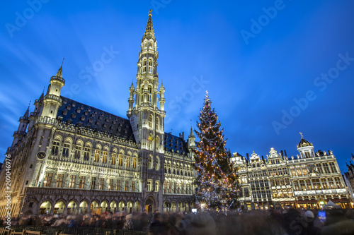 Grand Place with colorful lighting at Dusk in Brussels, Belgium © Suzi