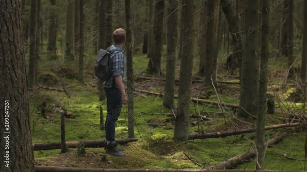 man traveler with a backpack in the woods man traveler with a backpack in the woods