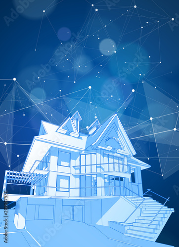 A modern house on a blue background surrounded by digital networks - an illustration of a smart eco-friendly home - the concept of modern information technology smart house or smart city / vector draw