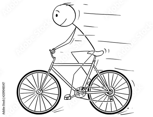 Cartoon stick drawing illustration of man riding or cycling on bicycle.