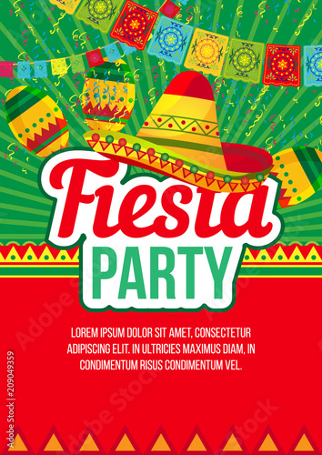 Colorful design of party advertising poster about bright Mexican fiesta with sombrero hats and flags in layout