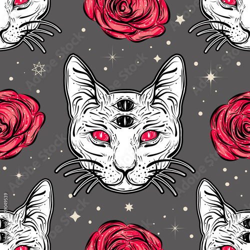 Seamless pattern with four eyed cat and roses in tattoo art style.