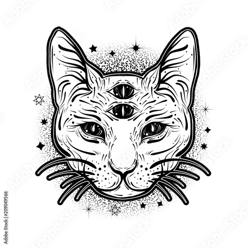 Vintage boho illustration with four eyed magic cat. Tattoo art style.