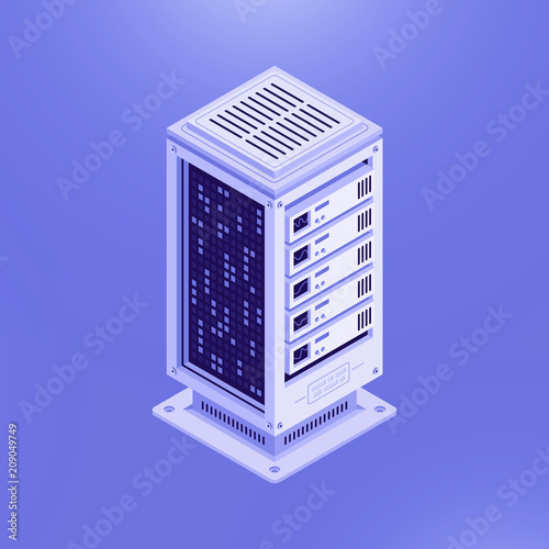 Colorful design of isometric database network center on light blue background