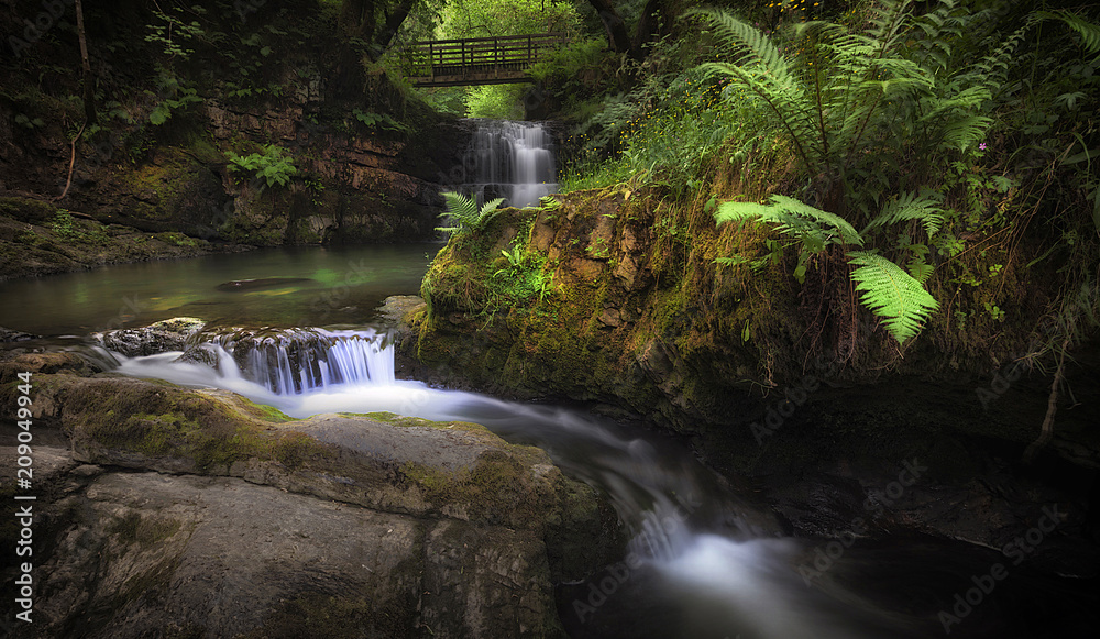 Sgydau Sychryd cascade, The Sychryd Cascades, a set of waterfalls near the Dinas Rock, Pontneddfechan, South Wales, UK
