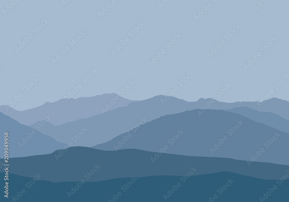 Vector illustration of mountain peaks in misty haze under gray-blue sky