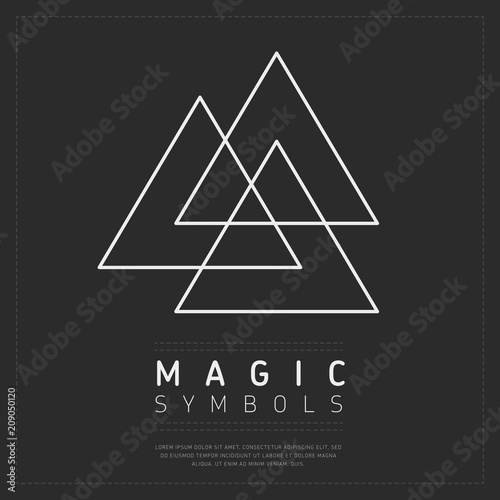 Simple design of spiritual symbol made of few white linear triangles on gray