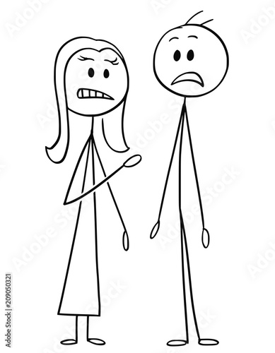 Cartoon stick drawing conceptual illustration of couple of man and woman standing stunned and shocked.
