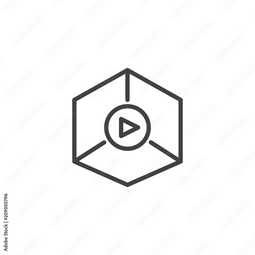 Three D Cube and play button outline icon. linear style sign for mobile concept and web design. virtual reality simple line vector icon. Symbol, logo illustration. Pixel perfect vector graphics Three D Cube and play button outline icon. linear style sign for mobile concept and web design. virtual reality simple line vector icon. Symbol, logo illustration. Pixel perfect vector graphics