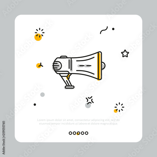 Linear black icon of megaphone for filmmaker producer in white square on gray background