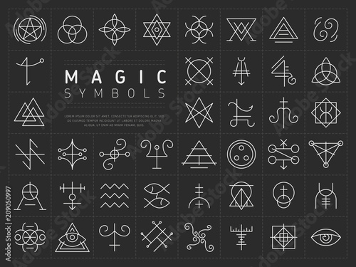 Obraz na plátně Vector collection of various simple linear white symbols od magic craft on dark
