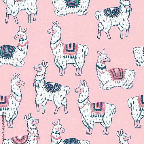 Cute llamas seamless pattern. Alpaca kid illustration. Summer style graphic. Vector illustration