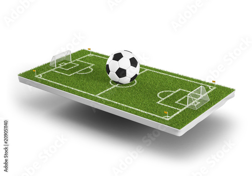 Green grass 3d soccer field and football ball background. Football stadium game 3d object area. Perspective view of soccer ball on the grass field. 3d rendering