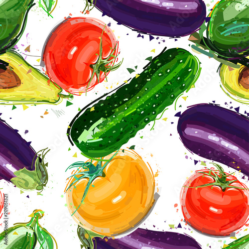 Assorted vegetables seamless pattern. Tomato,cucumber,avocado and eggplant seamless