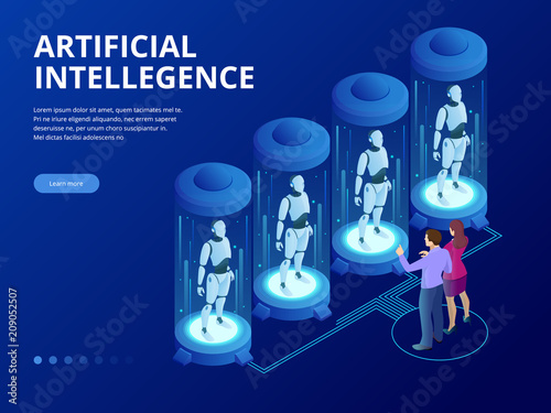 Isometric Robot with artificial intelligence. Robot cybernetic organism works with a virtual HUD interface in augmented reality. Future concept.