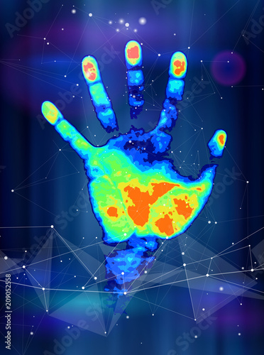 The concept of digital identification and recognition technologies - color thermal hand print, blue technology background, digital wave, points, lines, triangles & low poly mesh elements / vector draw