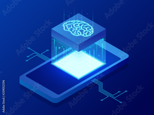 Isometric Science teacher bot concept. Artificial Intelligence, Knowledge Expertise Intelligence Learn. Technology and engineering. Online training banner