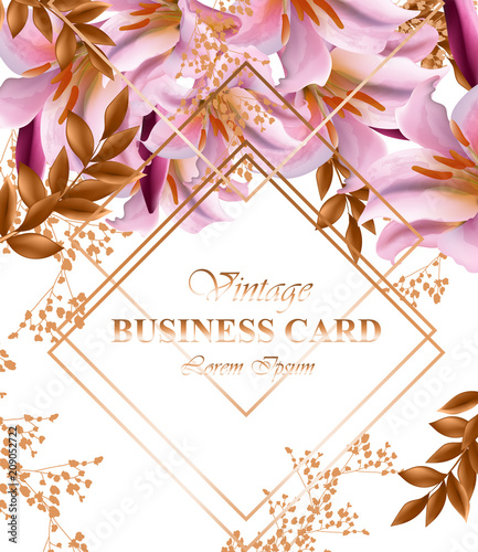 Business card with beautiful pink flowers. Golden abstract frames stylish cards