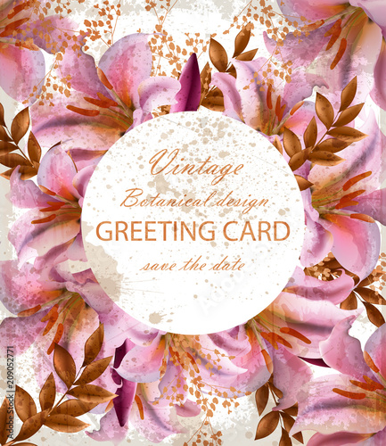 Greeting card with beautiful pink flowers. Golden abstract frames stylish cards